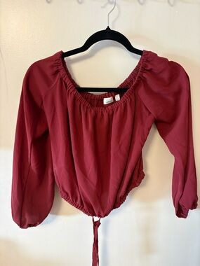 Wilfred Burgundy Silk Long-Sleeve Drawstring Off-the-Shoulder Top